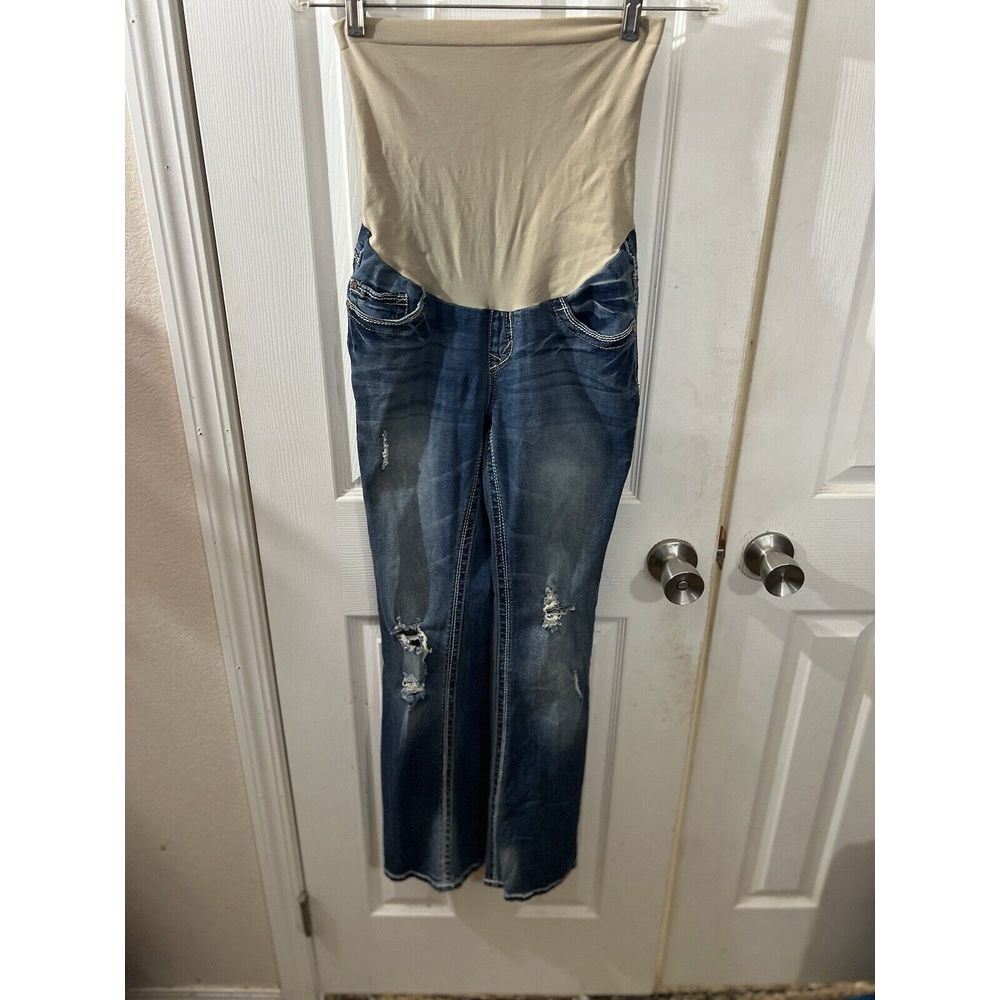 Wallflower Maternity Jeans SMALL Bootcut Distressed Stretch Dark Wash Belly Band